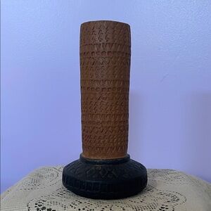Carved Wood look ceramic  Vase with Dark Base - modern look